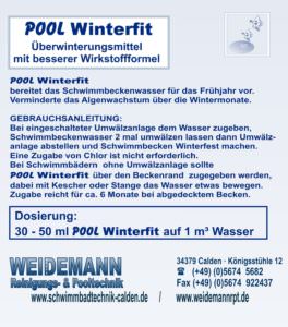 Pool Winterfit, Überwinterungsmittel. Vermindert das Algenwachstum über die Wintermonate und bereitet das Schwimmbeckenwasser für das Frühjahr vor.