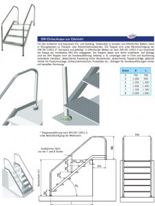 Einstiegstreppe Handlauf und Stufen aus V4A, 940 cm breit, verschiedene Höhen